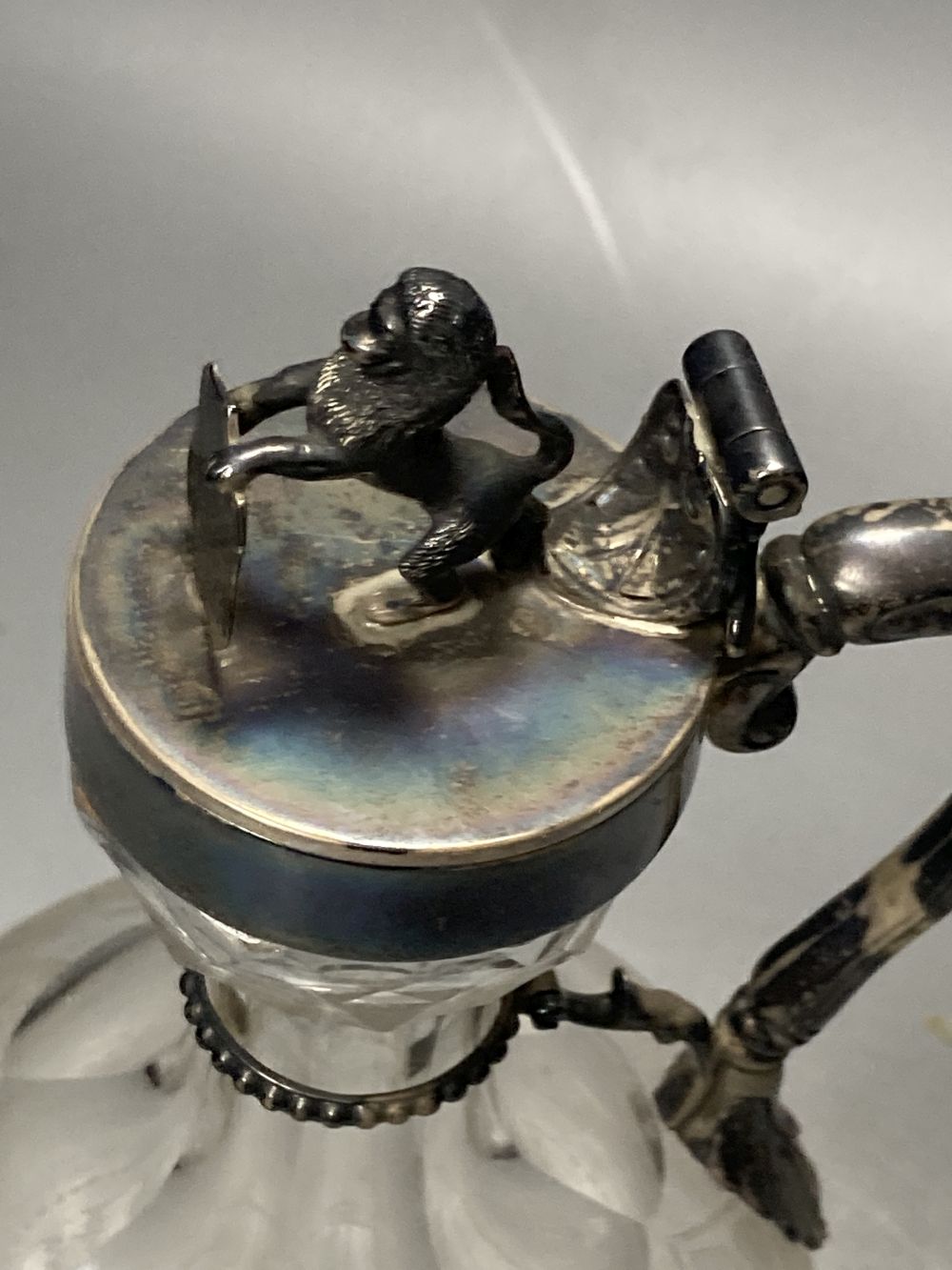 A Victorian silver mounted etched glass claret jug, of bulbous form, Richards & Brown, London, 1869, 25.7cm.